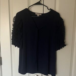 Woven Short Sleeve Ruffle Sleeve Blouse - Navy